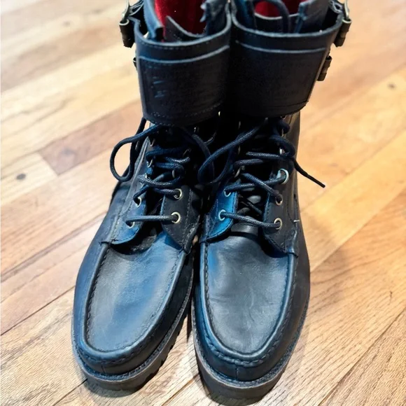 Vintage Polo Ralph Lauren Wolcott Boots Black Oiled Leather with Big Polo Patch - Picture 6 of 9